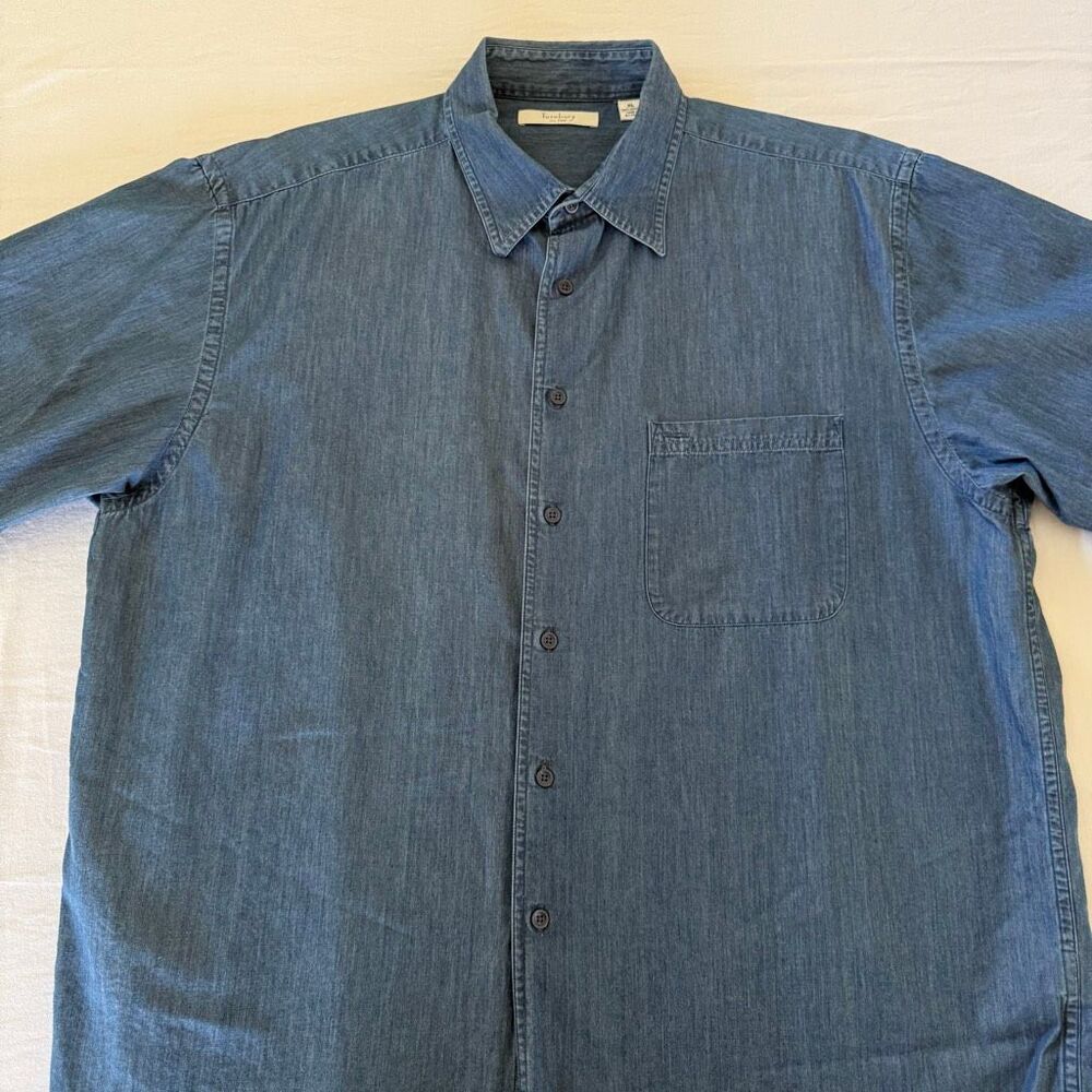 Turnbury | Men’s Chambray Button Up Shirt | XL | Short Sleeve | 100% Cotton | Bl